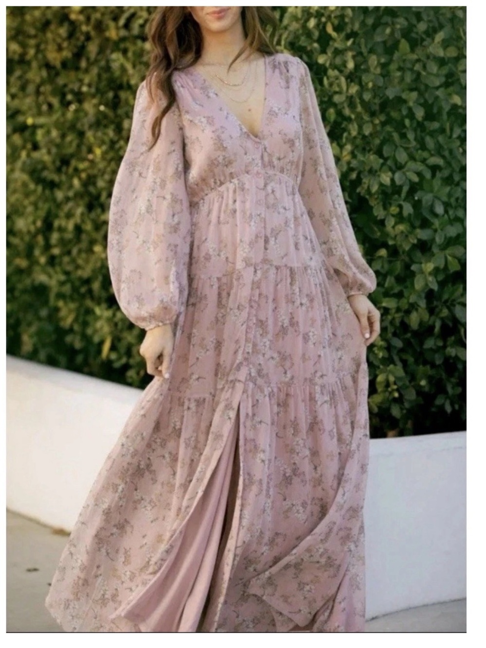 Aakaa Pink Floral Chiffon Maxi Dress M Full Button Front Boho